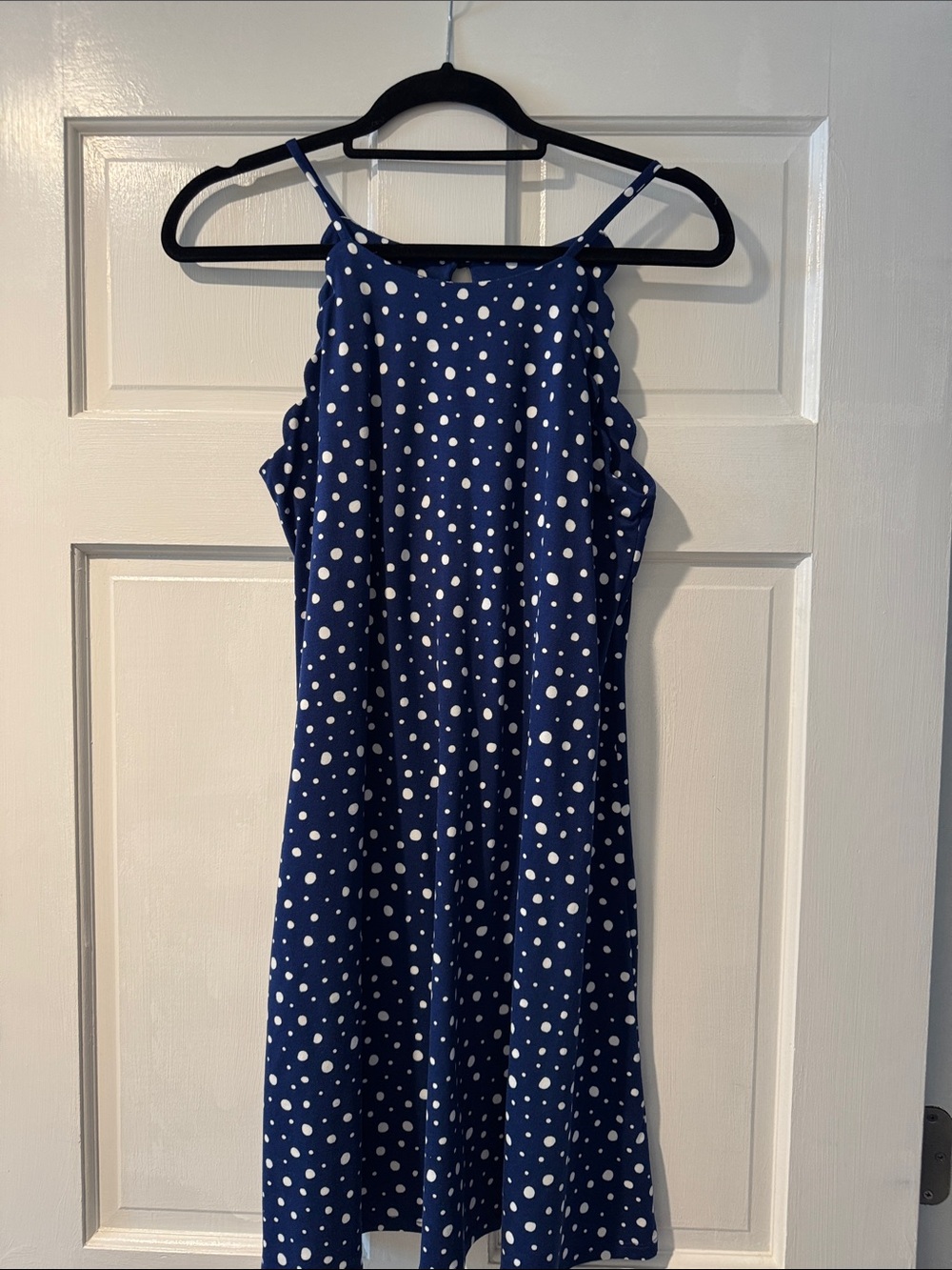 Navy Blue Polka Dot Midi Dress with Spaghetti Straps